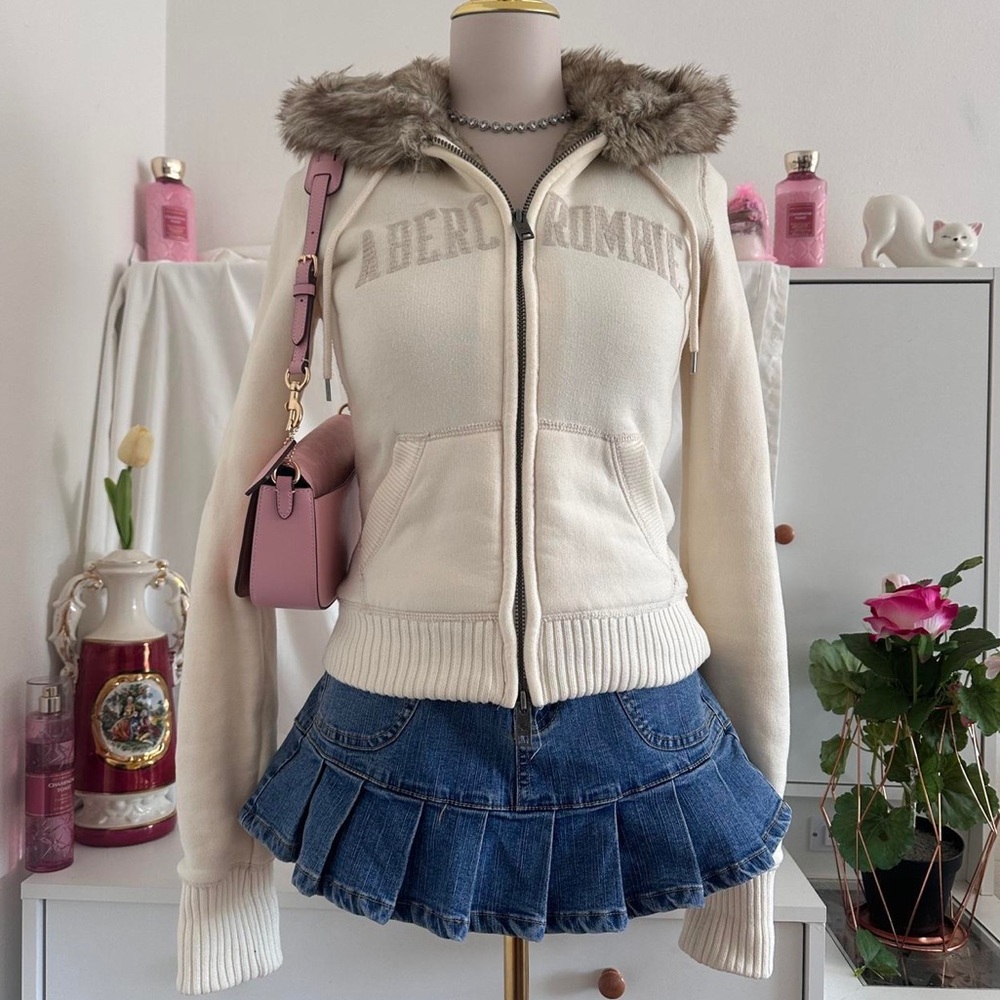 Y2K Abercrombie & Fitch Faux Fur Lined Full Zip Jacket Cream Size Medium RARE - Picture 2 of 10
